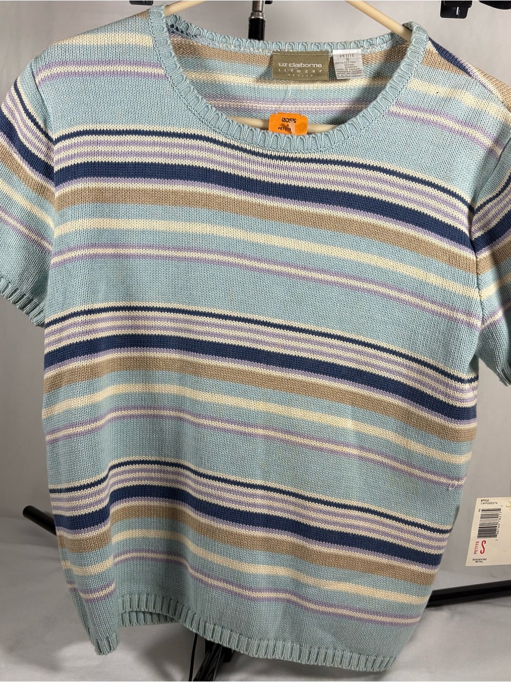 Liz Claiborne Pastel Striped Short Sleeve Knit Top - Light Blue Multi Petite
